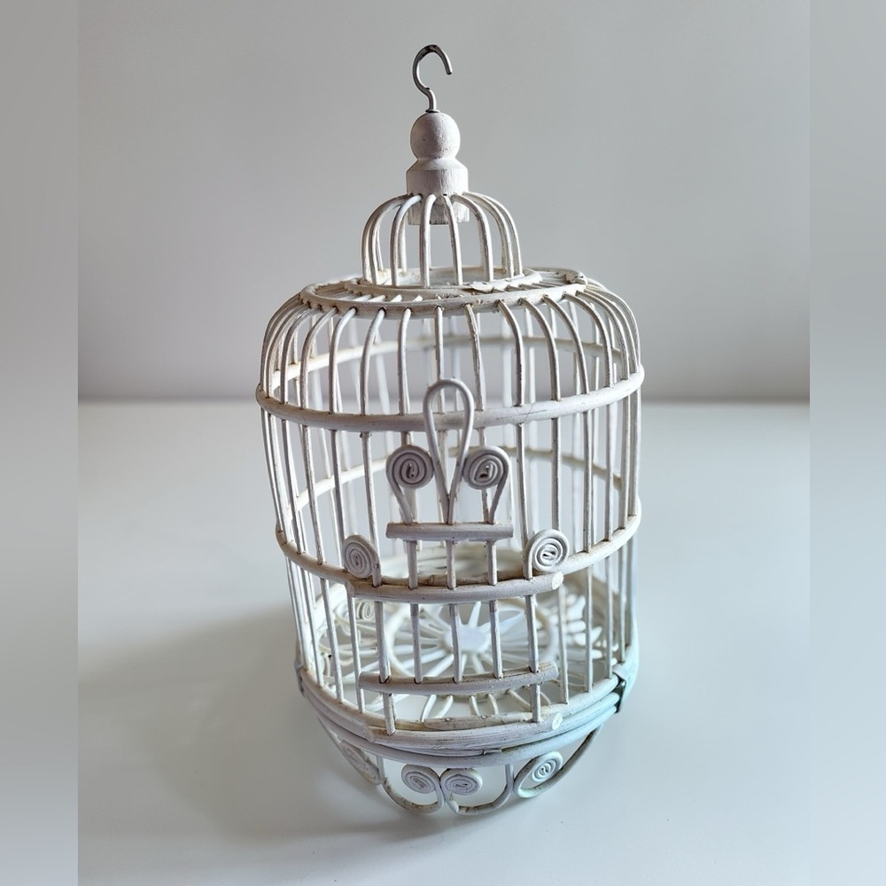 White Rattan Birdcage Plant Holder Cottage Shabby Chic Hanging Decor